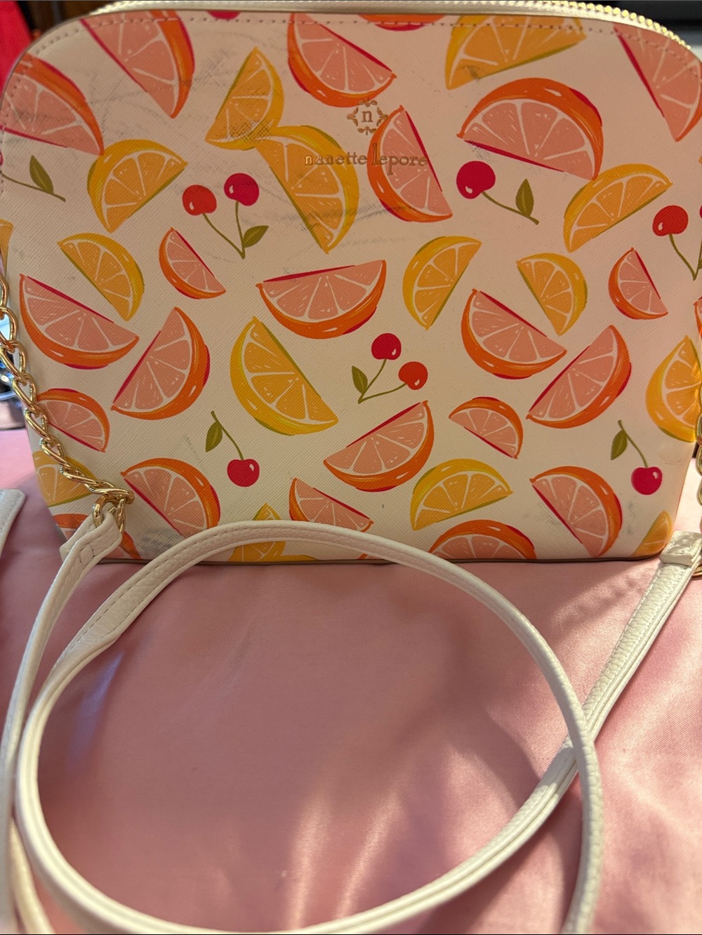 Nanette Lepore White Crossbody with Orange, Yellow & Pink Citrus Motif
